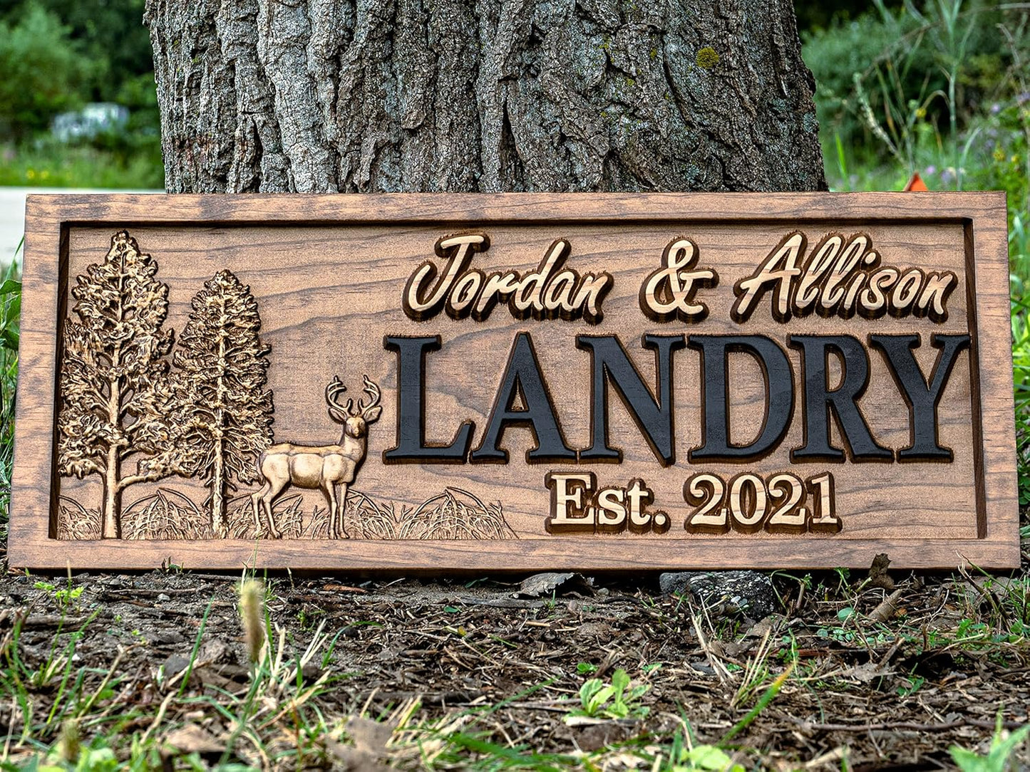 Outdoor Decor | Custom Wood Sign | Deer Hunting Gifts | Cabin Decor | Tree Wood 3D Family Name Sign | Last Name | Camper Decor | Camping Sign | Nature Sign | Outdoor Hunting