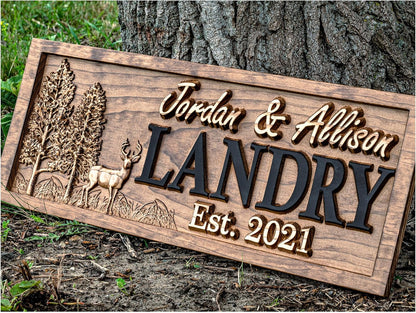 Outdoor Decor | Custom Wood Sign | Deer Hunting Gifts | Cabin Decor | Tree Wood 3D Family Name Sign | Last Name | Camper Decor | Camping Sign | Nature Sign | Outdoor Hunting