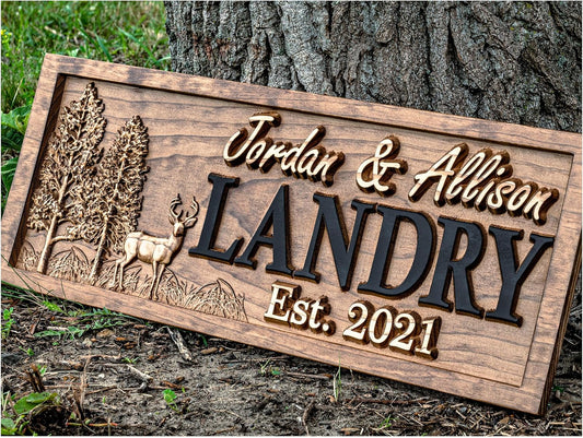 Outdoor Decor | Custom Wood Sign | Deer Hunting Gifts | Cabin Decor | Tree Wood 3D Family Name Sign | Last Name | Camper Decor | Camping Sign | Nature Sign | Outdoor Hunting