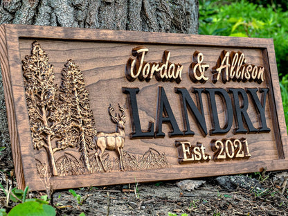 Outdoor Decor | Custom Wood Sign | Deer Hunting Gifts | Cabin Decor | Tree Wood 3D Family Name Sign | Last Name | Camper Decor | Camping Sign | Nature Sign | Outdoor Hunting