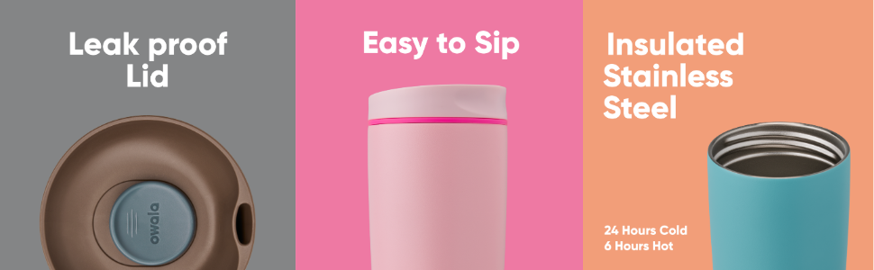 Owala SmoothSip Slider Insulated Stainless Steel Coffee Tumbler, Reusable Iced Coffee Cup, Hot Coffee Travel Mug, BPA Free 12 Oz