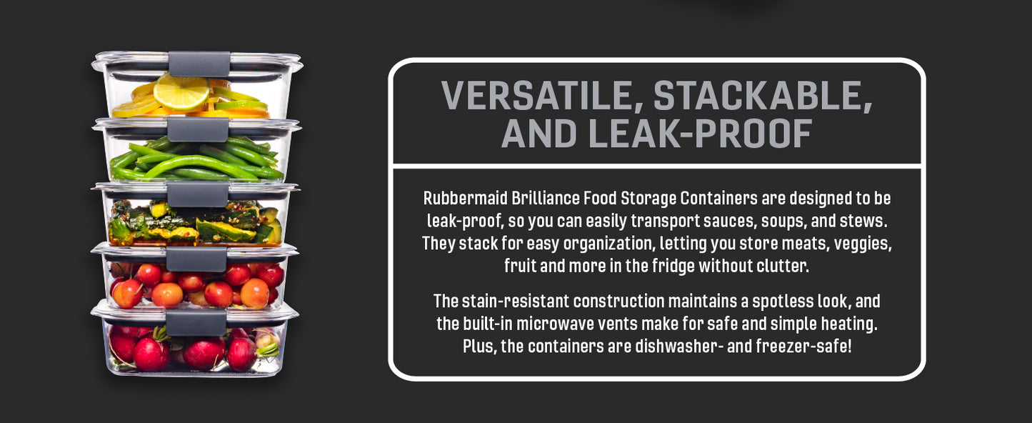 Rubbermaid Brilliance Food Storage Containers BPA Free Airtight Lids Ideal for Lunch Meal Prep & Leftovers Rubbermaid Brilliance Food Storage Containers BPA Free Airtight Lids Ideal for Lunch Meal Prep & Leftovers Set